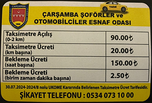 samsun havalimanı taksimetre ücreti